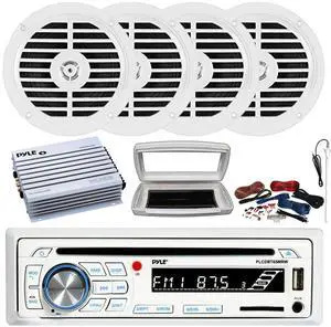 Pyle PLCDBT65 Single-DIN Marine Bluetooth USB/AUX CD Player AM/FM Stereo Receiver W/White Cover, 4x 5.25" 100W Max Dual Cone Full Range White Boat Speakers, 4 Channel 400W Max Amplifier W/Kit, Antenna