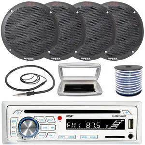 Pyle PLCDBT65 Single-DIN Marine Bluetooth USB/AUX CD Player AM/FM Stereo Receiver W/White Cover, 4x Pyle PLMR605B 6.5'' 400W Max Power Dual Cone 2-way Full Range Speakers W/50 Feet 18G Wire, Antenna