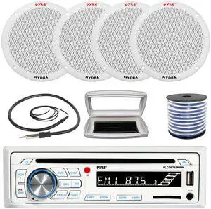 Pyle PLCDBT65 Single-DIN Marine Bluetooth USB/AUX CD Player AM/FM Stereo Receiver W/White Cover, 4x Pyle PLMR605W 6.5'' 400W Max Power Dual Cone 2-way Full Range Speakers W/50 Feet 18G Wire, Antenna