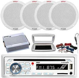 Pyle PLCDBT65 Single-DIN Marine Bluetooth USB/AUX CD Player AM/FM Stereo Receiver W/White Cover, 4x 6.5'' 400W Max Dual Cone 2-way Full Range Boat Speakers, 4 Channel 400W Max Amplifier W/Kit, Antenna