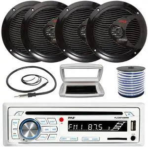 Pyle PLCDBT65 Single-DIN Marine Bluetooth USB/AUX CD Player AM/FM Stereo Receiver W/White Cover, 4x Pyle PLMR60B 6.5" 150W Max Power Full Range Dual Cone Black Speakers W/50 Feet 18G Wire, 22" Antenna