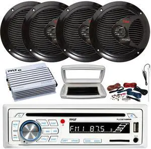 Pyle PLCDBT65 Single-DIN Marine Bluetooth USB/AUX CD Player AM/FM Stereo Receiver W/White Cover, 4x 6.5" 150W Max Power Full Range Dual Cone Black Speakers, 4 Channel 400W Max Amplifier W/Kit, Antenna