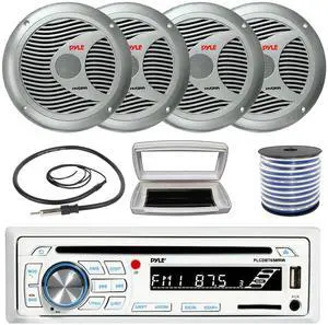 Pyle PLCDBT65 Single-DIN Marine Bluetooth USB/AUX CD Player AM/FM Stereo Receiver W/White Cover, 4x Pyle PLMR60S 6.5'' 150 Watt Max Power 2 Way Boat Silver Speakers W/50 Feet 18G Wire, Radio Antenna