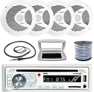 Pyle PLCDBT65 Single-DIN Marine Bluetooth USB/AUX CD Player AM/FM Stereo Receiver W/White Cover, 4x Pyle PLMR60W 6.5" 150W Max Power Full Range Dual Cone White Speakers W/50 Feet 18G Wire, 22" Antenna