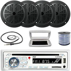 Pyle PLCDBT65 Single-DIN Marine Bluetooth USB/AUX CD Player AM/FM Stereo Receiver W/White Cover, 4x Pyle PLMR61B 6.5'' 120W Max Power Dual Cone Boat Audio Black Speakers W/50 Feet 18G Wire, Antenna