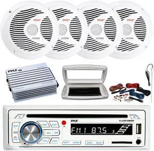 Pyle PLCDBT65 Single-DIN Marine Bluetooth USB/AUX CD Player AM/FM Stereo Receiver W/White Cover, 4x 6.5" 150W Max Power Full Range Dual Cone White Speakers, 4 Channel 400W Max Amplifier W/Kit, Antenna