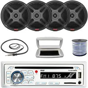 Pyle PLCDBT65 Single-DIN Marine Bluetooth USB/AUX CD Player AM/FM Stereo Receiver W/White Cover, 4x 6.5" 600 Watt Max Power Marine 2-Way Coaxial Full-Range Black Speakers W/50 Feet 18G Wire, Antenna