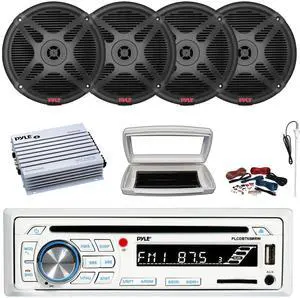 Pyle PLCDBT65 Single-DIN Marine Bluetooth USB/AUX CD Player AM/FM Stereo Receiver W/White Cover, 4x 6.5" 600W Max Power 2-Way Full-Range Black Speakers, 4 Channel 400W Max Amplifier W/Kit, Antenna