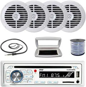 Pyle PLCDBT65 Single-DIN Marine Bluetooth USB/AUX CD Player AM/FM Stereo Receiver W/White Cover, 4x 6.5'' 120W Max Power Dual Cone Full Range Waterproof White Boat Speakers W/50 Feet Wire, 22" Antenna