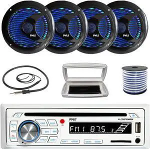 Pyle PLCDBT65 Single-DIN Marine Bluetooth USB/AUX CD Player AM/FM Stereo Receiver W/White Cover, 4x 6.5'' 150 Watt Max Power Dual Cone RGB LED Boat Audio Black Speakers W/50 Feet 18G Wire, 22" Antenna