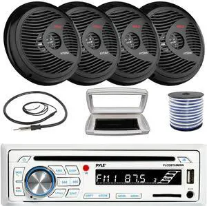 Pyle PLCDBT65 Single-DIN Marine Bluetooth USB/AUX CD Player AM/FM Stereo Receiver W/White Cover, 4x 8'' 180 Watt Max Power Waterproof Full Range Stereo Black Boat Speakers W/50 Feet 18G Wire, Antenna