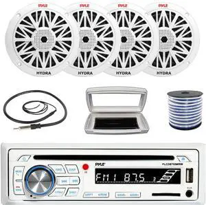 Pyle PLCDBT65 Single-DIN Marine Bluetooth USB/AUX CD Player AM/FM Stereo Receiver W/White Cover, 4x Pyle PLMR82 8" 300W Max Power 2-Way Boat White Speakers W/50 Feet 18 Gauge Wire, 22" Radio Antenna