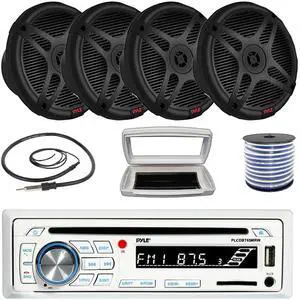 Pyle PLCDBT65 Single-DIN Marine Bluetooth USB/AUX CD Player AM/FM Stereo Receiver W/White Cover, 4x 6.5" 600W Max Power Dual Marine 2-way Coaxial Range Amplified Speakers W/50 Feet 18G Wire, Antenna