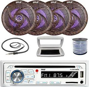 Pyle PLCDBT65 Single-DIN Marine Bluetooth USB/AUX CD Player AM/FM Stereo Receiver W/White Cover, 4x 6.5'' 240W Max Power Low Profile Slim Style Blue LED Boat Speakers W/50 Feet 18G Wire, Radio Antenna