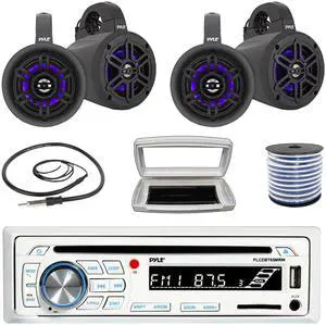 Pyle PLCDBT65 Single-DIN Marine Bluetooth USB/AUX CD Player AM/FM Stereo Receiver W/White Cover, 4x 4" 300W Max Power Waterproof Marine Wakeboard LED Tower Black Speakers W/50 Feet 18G Wire, Antenna