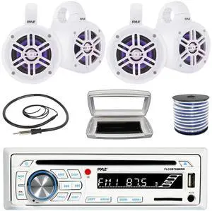 Pyle PLCDBT65 Single-DIN Marine Bluetooth USB/AUX CD Player AM/FM Stereo Receiver W/White Cover, 4x Pyle 4" 300 Watt Max Power Marine Multicolor LED Tower White Speakers W/50 Feet 18G Wire, Antenna