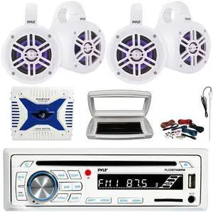 Pyle PLCDBT65 Single-DIN Marine Bluetooth USB/AUX CD Player AM/FM Stereo Receiver W/White Cover, 4x 4" 300W Max Power RGB LED Tower White Boat Speakers, 4 Channel 1000W Max Amplifier W/Kit, Antenna