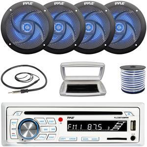Pyle PLCDBT65 Single-DIN Marine Bluetooth USB/AUX CD Player AM/FM Stereo Receiver W/White Cover, 4x 4" 100W Max Power 2-Way Low Profile Blue Flashing LED Speakers W/50 Feet 18 Gauge Wire, 22" Antenna
