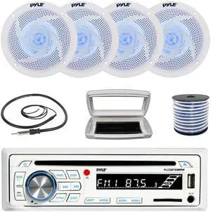 Pyle PLCDBT65 Single-DIN Marine Bluetooth USB/AUX CD Player AM/FM Stereo Receiver W/White Cover, 4x 4" 100W Max Power Low Profile 2-Way Blue LED Boat Audio White Speakers W/50 Feet 18G Wire, Antenna