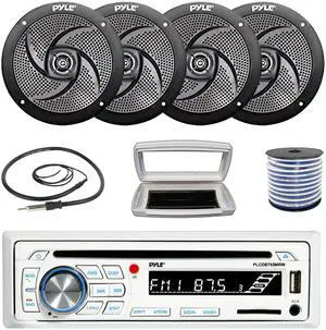 Pyle PLCDBT65 Single-DIN Marine Bluetooth USB/AUX CD Player AM/FM Stereo Receiver W/White Cover, 4x 5.25" 180W Max Power 2-Way Low Profile Boat Audio Black Speakers W/50 Feet 18G Wire, 22" Antenna