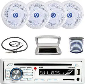 Pyle PLCDBT65 Single-DIN Marine Bluetooth USB/AUX CD Player AM/FM Stereo Receiver W/White Cover, 4x 6'' 240 Watt Max Power Low Profile 2-Way Blue LED Boat White Speakers W/50 Feet 18G Wire, Antenna
