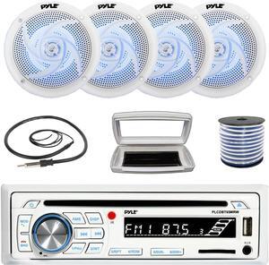Pyle PLCDBT65 Single-DIN Marine Bluetooth USB/AUX CD Player AM/FM Stereo Receiver W/White Cover, 4x 6.5" 240W Max Power Low-Profile 2-Way Blue LED White Boat Speakers W/50 Feet 18G Wire, Radio Antenna