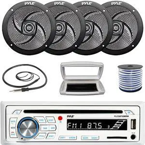 Pyle PLCDBT65 Single-DIN Marine Bluetooth USB/AUX CD Player AM/FM Stereo Receiver W/White Cover, 4x Pyle PLMRS6B 6'' 240W Max Power Low Profile 2-Way Boat Black Speakers W/50 Feet 18G Wire, Antenna