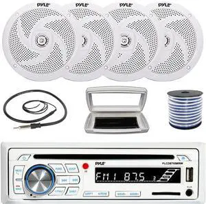 Pyle PLCDBT65 Single-DIN Marine Bluetooth USB/AUX CD Player AM/FM Stereo Receiver W/White Cover, 4x Pyle PLMRS6W 6'' 240W Max Power Low Profile 2-Way Boat White Speakers W/50 Feet 18G Wire, Antenna