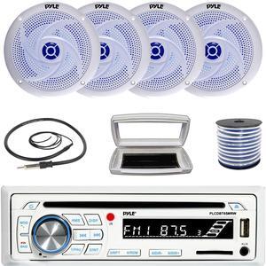 Pyle PLCDBT65 Single-DIN Marine Bluetooth USB/AUX CD Player AM/FM Stereo Receiver W/White Cover, 4x 8'' 320 Watt Max Power Low Profile 2-Way Blue LED White Speakers W/50 Feet 18G Wire, 22" Antenna