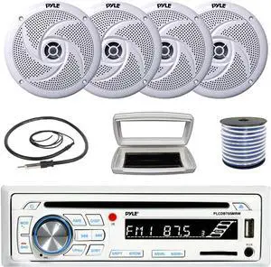 Pyle PLCDBT65 Single-DIN Marine Bluetooth USB/AUX CD Player AM/FM Stereo Receiver W/White Cover, 4x Pyle PLMRS8W 8'' 320W Max Power Low Profile 2-Way Boat White Speakers W/50 Feet 18G Wire, Antenna