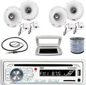 Pyle PLCDBT65 Single-DIN Marine Bluetooth USB/AUX CD Player AM/FM Stereo Receiver W/White Cover, 4x 1" 120 Watt Peak Power PEI Dome Tweeters White Marine Speaker System W/50 Feet 18G Wire, 22" Antenna