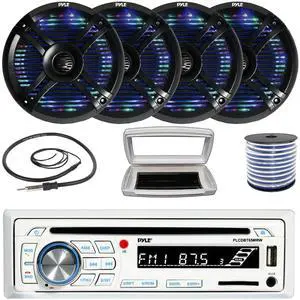Pyle PLCDBT65 Single-DIN Marine Bluetooth USB/AUX CD Player AM/FM Stereo Receiver W/White Cover, 4x 6.5" 250W Max Power Waterproof Boat Dual Multi Color LED Black Speakers W/50 Feet 18G Wire, Antenna