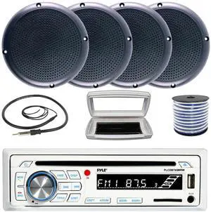 Pyle PLCDBT65 Single-DIN Marine Bluetooth USB/AUX CD Player AM/FM Stereo Receiver W/White Cover, 4x Connexx SPM5B 5.25" 20 Watts RMS Polycone Audio Black Boat Speakers W/50 Feet 18G Wire, 22" Antenna