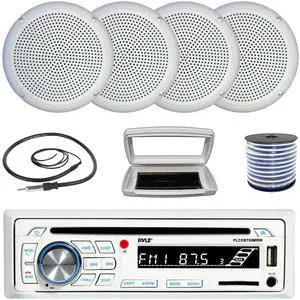 Pyle PLCDBT65 Single-DIN Marine Bluetooth USB/AUX CD Player AM/FM Stereo Receiver W/White Cover, 4x Connexx SPM5C 5.25" 20 Watts RMS Polycone Audio White Boat Speakers W/50 Feet 18G Wire, 22" Antenna