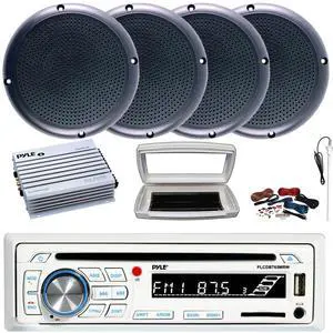Pyle PLCDBT65 Single-DIN Marine Bluetooth USB/AUX CD Player AM/FM Stereo Receiver W/White Cover, 4x Connexx SPM5B 5.25" 20W RMS Polycone Black Speakers, 4 Channel 400W Max Amplifier W/Kit, Antenna