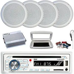 Pyle PLCDBT65 Single-DIN Marine Bluetooth USB/AUX CD Player AM/FM Stereo Receiver W/White Cover, 4x Connexx SPM5C 5.25" 20W RMS Polycone White Speakers, 4 Channel 400W Max Amplifier W/Kit, Antenna