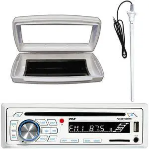 Pyle PLCDBT65 Single-DIN Marine Bluetooth USB/AUX CD Player AM/FM Stereo Receiver W/White Marine Stereo Splash Cover Bundle Combo With White Flexible Rubber Mas