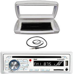 Pyle PLCDBT65 Single-DIN Marine Bluetooth USB/AUX CD Player AM/FM Stereo Receiver W/White Marine Stereo Splash Cover Bundle Combo With Flexible Hideaway Wired A