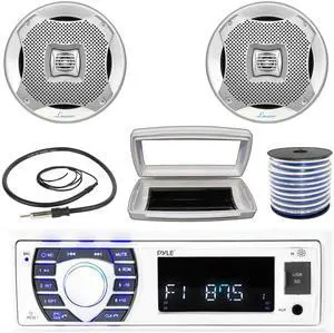 Pyle PLRMR23BTW Single-DIN Bluetooth Marine USB/AUX MP3/SD AM/FM Radio Stereo Receiver W/White Cover, 2x Lanzar 5.25 200W Max Power Water Resistant Boat 2-Way Silver Speakers W/50 Feet Wire, Antenna