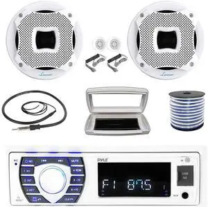 Pyle PLRMR23BTW Single-DIN Bluetooth Marine USB/AUX MP3/SD AM/FM Radio Stereo Receiver W/White Cover, 2x Lanzar 6.5" 450W Max Power 2-Way Boat Audio Component White Speakers W/50 Feet Wire, Antenna