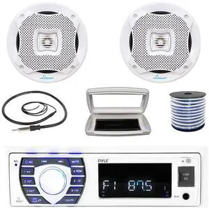 Pyle PLRMR23BTW Single-DIN Bluetooth Marine USB/AUX MP3/SD AM/FM Radio Stereo Receiver W/White Cover, 2x 6.5 400 Watt Max Power 2-Way Full-Range Waterproof White Speakers W/50 Feet Wire, Antenna