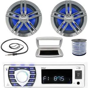 Pyle PLRMR23BTW Single-DIN Bluetooth Marine USB/AUX MP3/SD AM/FM Radio Stereo Receiver W/White Cover, 2x 6.5" 180W Max Power 2-Way High-Performance Boat Charcoal Speakers W/50 Feet Wire, Radio Antenna