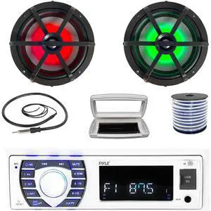 Pyle PLRMR23BTW Single-DIN Bluetooth Marine USB/AUX MP3/SD AM/FM Radio Stereo Receiver W/White Cover, 2x Enrock EM265RGB 6.5" 120 Watt Max Power RGB LED Coaxial Boat Speakers W/50 Feet Wire, Antenna