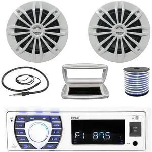 Pyle PLRMR23BTW Single-DIN Bluetooth Marine USB/AUX MP3/SD AM/FM Radio Stereo Receiver W/White Cover, 2x Enrock EM270W 6.5" 180W Max Power 2-Way Boat White Speakers W/50 Feet 18G Wire, 22" Antenna