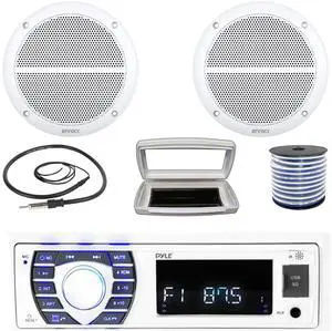 Pyle PLRMR23BTW Single-DIN Bluetooth Marine USB/AUX MP3/SD AM/FM Radio Stereo Receiver W/White Cover, 2x Enrock EM602W 6.5" 90W Max Power 2-Way Full Range White Boat Speakers W/50 Feet Wire, Antenna