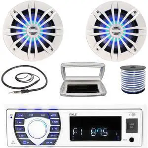 Pyle PLRMR23BTW Single-DIN Bluetooth Marine USB/AUX MP3/SD AM/FM Radio Stereo Receiver W/White Cover, 2x 6.5" 180W Max Power 2-Way Blue LED White Boat Speakers W/50 Feet 18 Gauge Wire, Radio Antenna