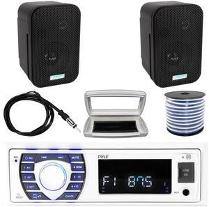 Pyle PLRMR23BTW Single-DIN Bluetooth Marine USB/AUX MP3/SD AM/FM Radio Stereo Receiver W/White Cover, 2x 3.5" 300W Max Power Indoor/Outdoor Black Waterproof Speakers W/50 Feet Wire, 22" Radio Antenna
