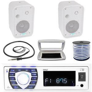 Pyle PLRMR23BTW Single-DIN Bluetooth Marine USB/AUX MP3/SD AM/FM Radio Stereo Receiver W/White Cover, 2x 3.5" 300W Max Power Indoor/Outdoor White Waterproof Speakers W/50 Feet Wire, 22" Radio Antenna