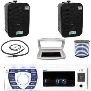 Pyle PLRMR23BTW Single-DIN Bluetooth Marine USB/AUX MP3/SD AM/FM Radio Stereo Receiver W/White Cover, 2x 5.25" 400W Max Power Indoor/Outdoor Black Waterproof Speakers W/50 Feet Wire, Radio Antenna