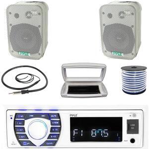 Pyle PLRMR23BTW Single-DIN Bluetooth Marine USB/AUX MP3/SD AM/FM Radio Stereo Receiver W/White Cover, 2x 5.25" 400W Max Power Indoor/Outdoor White Waterproof Speakers W/50 Feet Wire, Radio Antenna